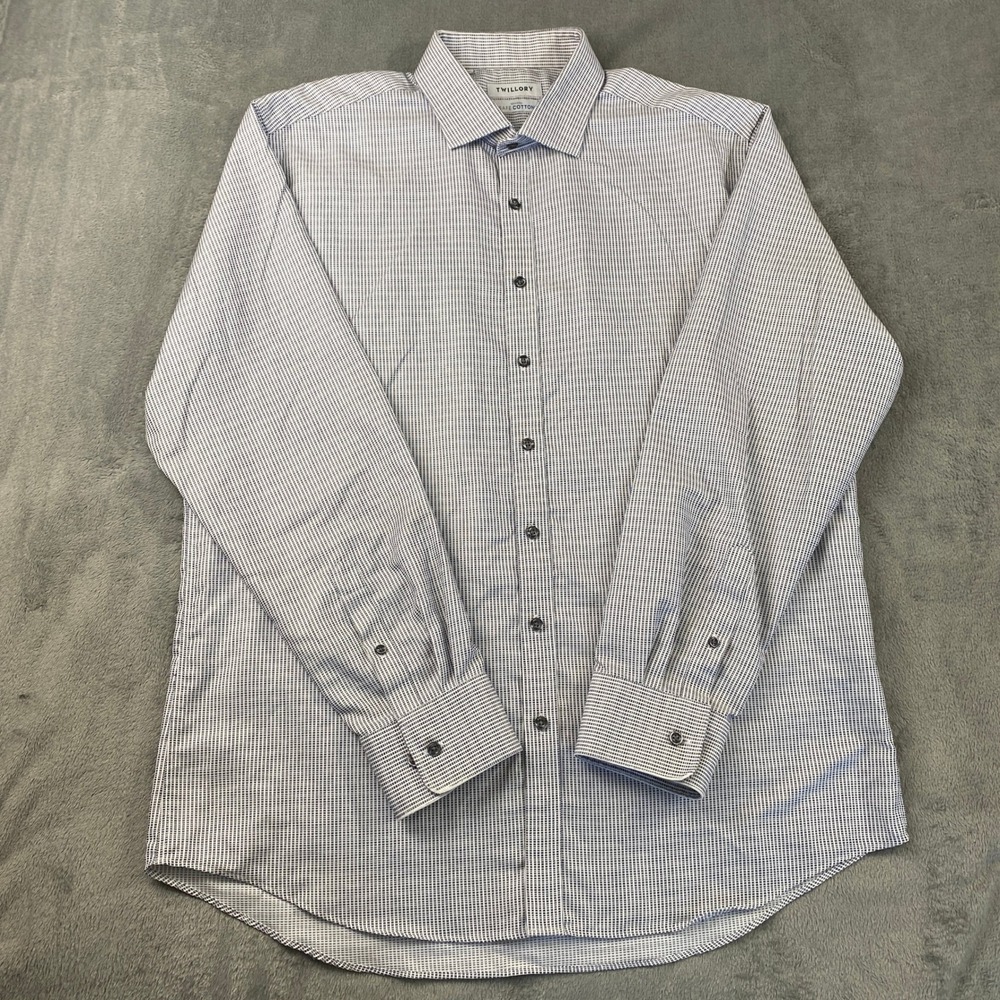 Twillory Dress Shirt Mens 18 36/37 Blue White Non-Iron Safe Cotton Tailored Fit‎
